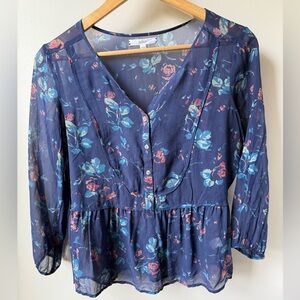 ELIOT‎ Silk Floral Blouse Top Peplum Cottagecore Sheer Coquette Popover S